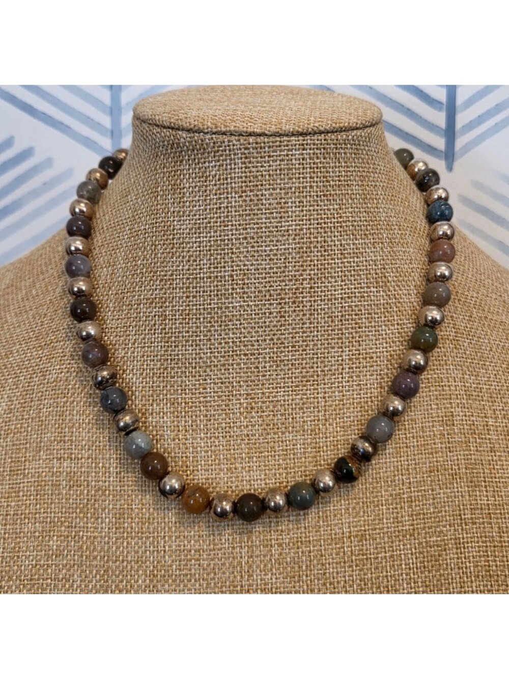 Vintage 16" Sterling Silver & Gemstone Beaded Necklace Jasper Quartz